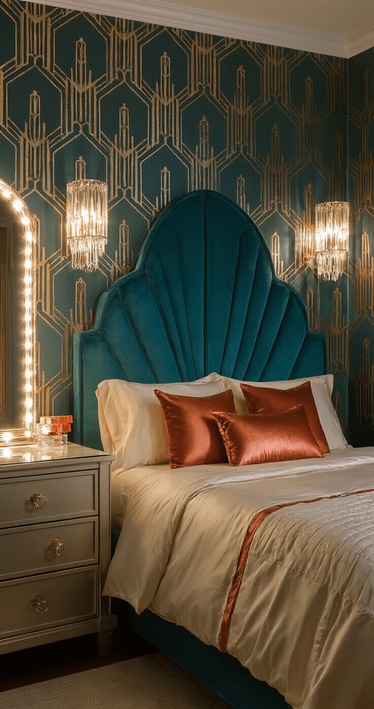 Romantic Bedroom Design: Transform Your Space into a Dreamy Sanctuary of Love Art deco-inspired bedroom alcove featuring a teal velvet headboard, metallic geometric wallpaper, and warm crystal sconces, highlighted by cream satin bedding and copper accent pillows, with a vintage vanity and illuminated mirror, all depicted at twilight with dramatic shadows and highlights.