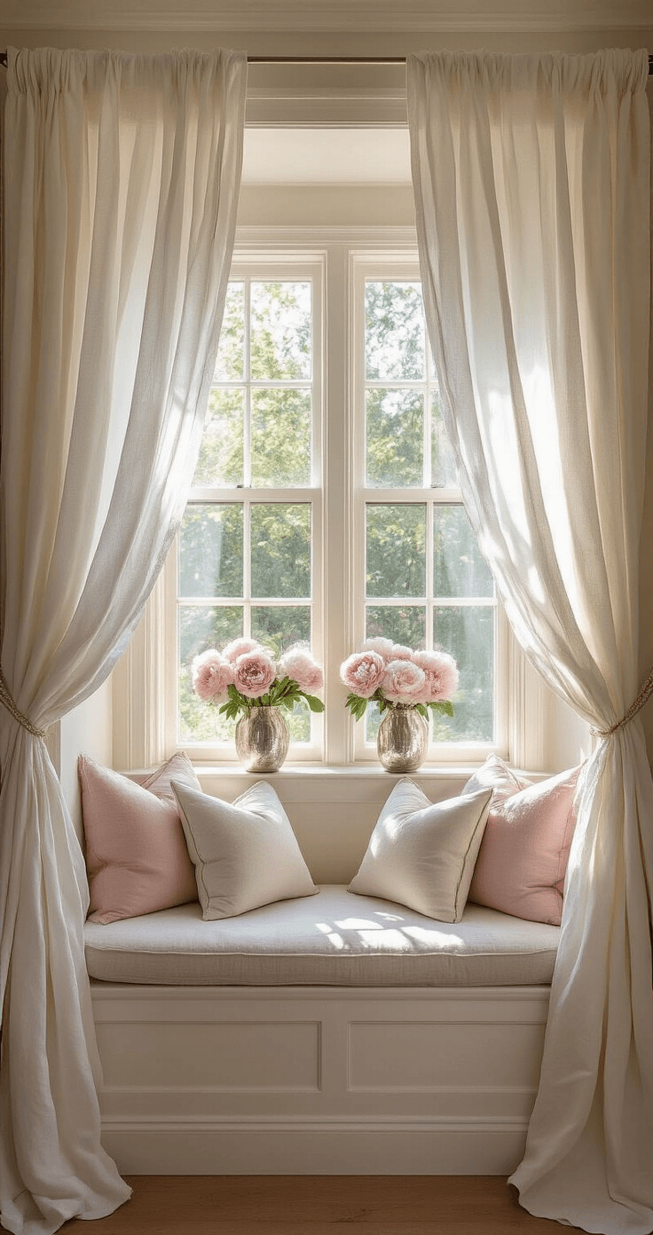 Romantic Bedroom Design: Transform Your Space into a Dreamy Sanctuary of Love A romantic window nook featuring a bay window with sheer white and blush pink curtains, built-in seating with neutral cushions, and fresh peonies in mercury glass vases, all bathed in soft morning light.