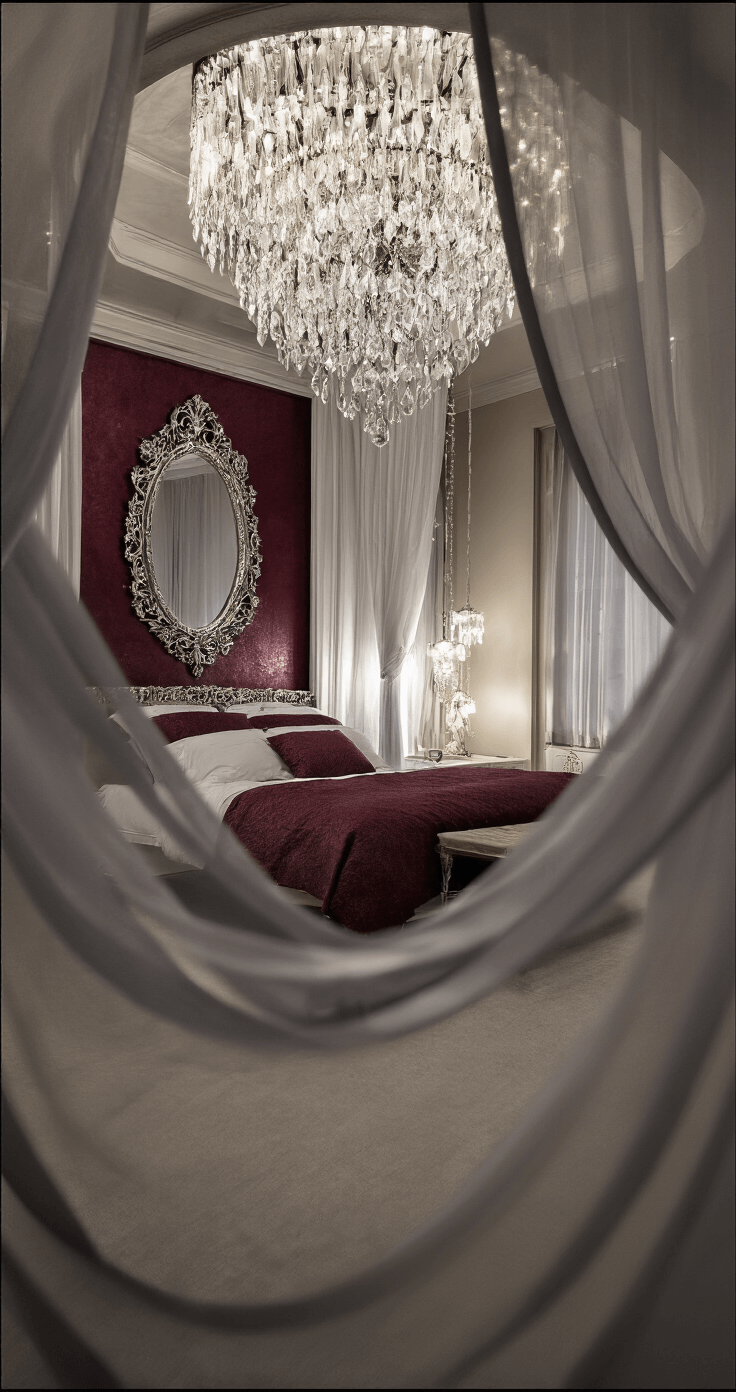 Romantic Bedroom Design: Transform Your Space into a Dreamy Sanctuary of Love A sophisticated master retreat at night features a four-poster bed draped in translucent silver fabric, a deep burgundy accent wall with an oversized ornate mirror, and a crystal droplet chandelier casting constellation-like reflections on the ceiling, shot through dreamy blurred fabric in the foreground.