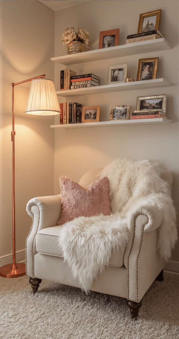 Romantic Bedroom Design: Transform Your Space into a Dreamy Sanctuary of Love Cozy reading corner at sunset featuring a plush cream armchair with a faux fur throw, surrounded by floating shelves filled with romantic novels and personal photographs, illuminated by a copper floor lamp. Blush and gold accents create a warm atmosphere, captured from a sitting perspective during golden hour.