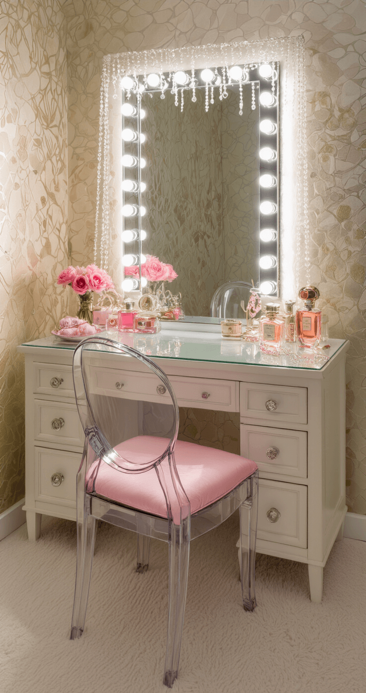 Romantic Bedroom Design: Transform Your Space into a Dreamy Sanctuary of Love A stylish dressing area featuring a Hollywood-style vanity with an LED-framed mirror adorned with delicate crystal beading, complemented by a ghost chair with a pink silk cushion. Metallic wallpaper enhances the ambiance, reflecting soft lighting. The scene includes artfully arranged perfume bottles and vintage accessories, captured in a high-angle shot with diffused natural light and vanity lighting.