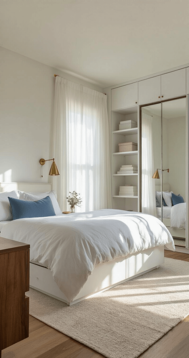 A cozy 10x12ft bedroom with soft morning light illuminating a queen bed adorned with white linens and dusty blue pillows, flanked by walnut nightstands and brass wall sconces, featuring a mirrored wardrobe and vertical shelving, captured from a low angle.