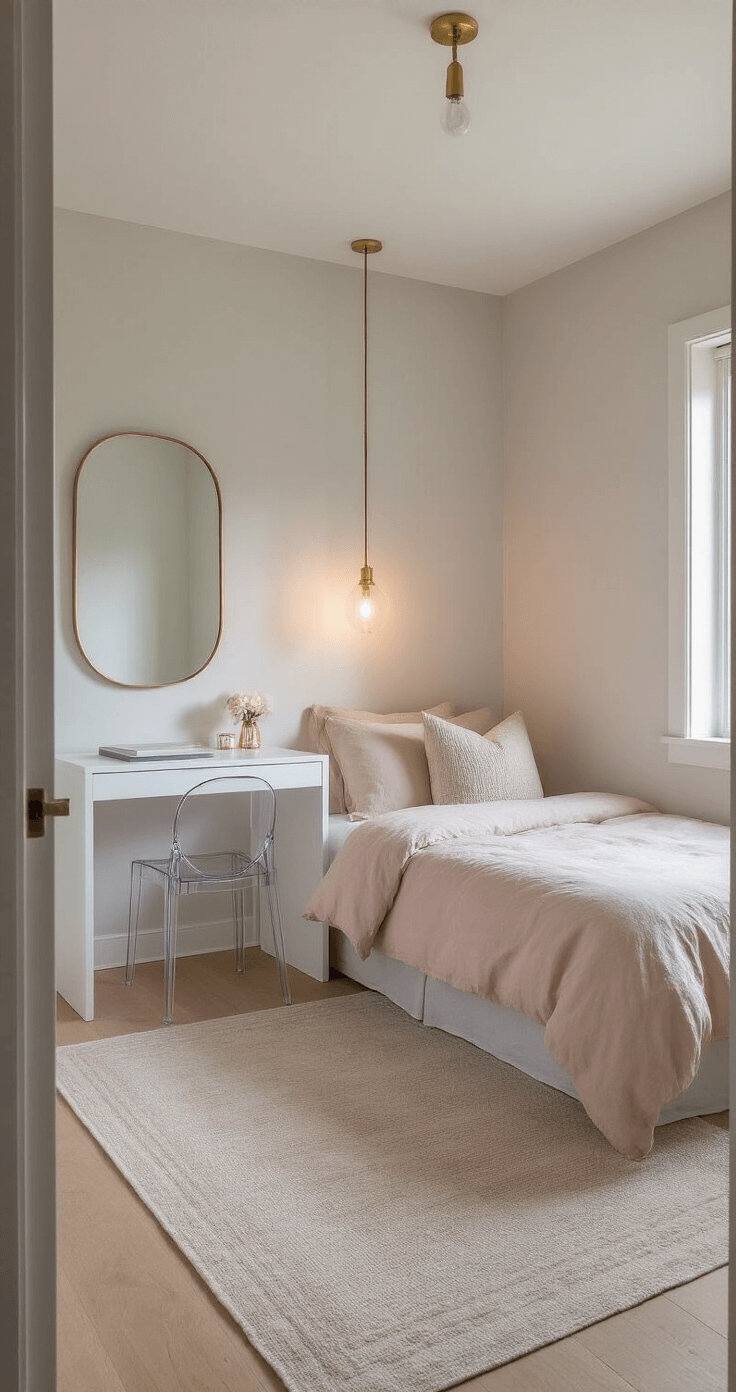A cozy corner bedroom bathed in golden light, featuring a twin bed with blush linen bedding, a white floating desk that serves as a nightstand with a ghost chair, and a floor-length mirror reflecting natural light, all set against soft grey walls and light oak flooring.