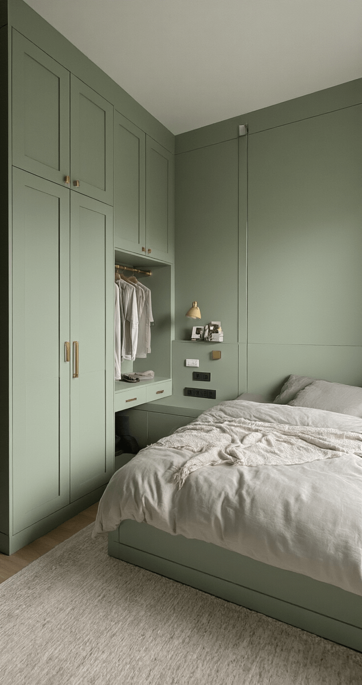 A modern micro-bedroom with sage green walls features custom floor-to-ceiling wardrobes, a full-size bed, and floating bedside ledges, showcasing vertical storage solutions in a space-efficient layout, shot from an above corner angle.