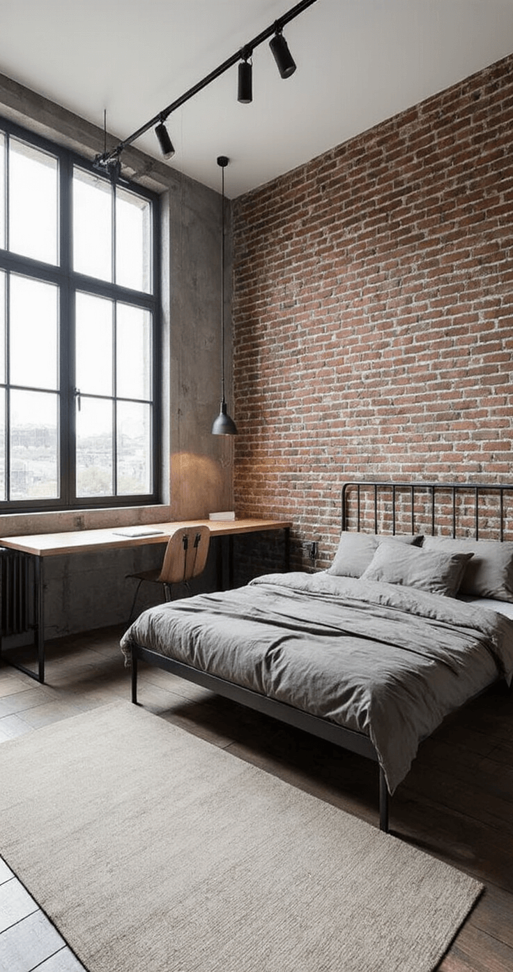 Industrial-chic bedroom featuring a metal-frame bed with a desk extension along a window wall, an exposed brick accent wall, and concrete-effect painted surfaces, enhanced by wall-mounted track lighting, all captured at a dutch angle to highlight ceiling height and vertical storage with dramatic shadows.