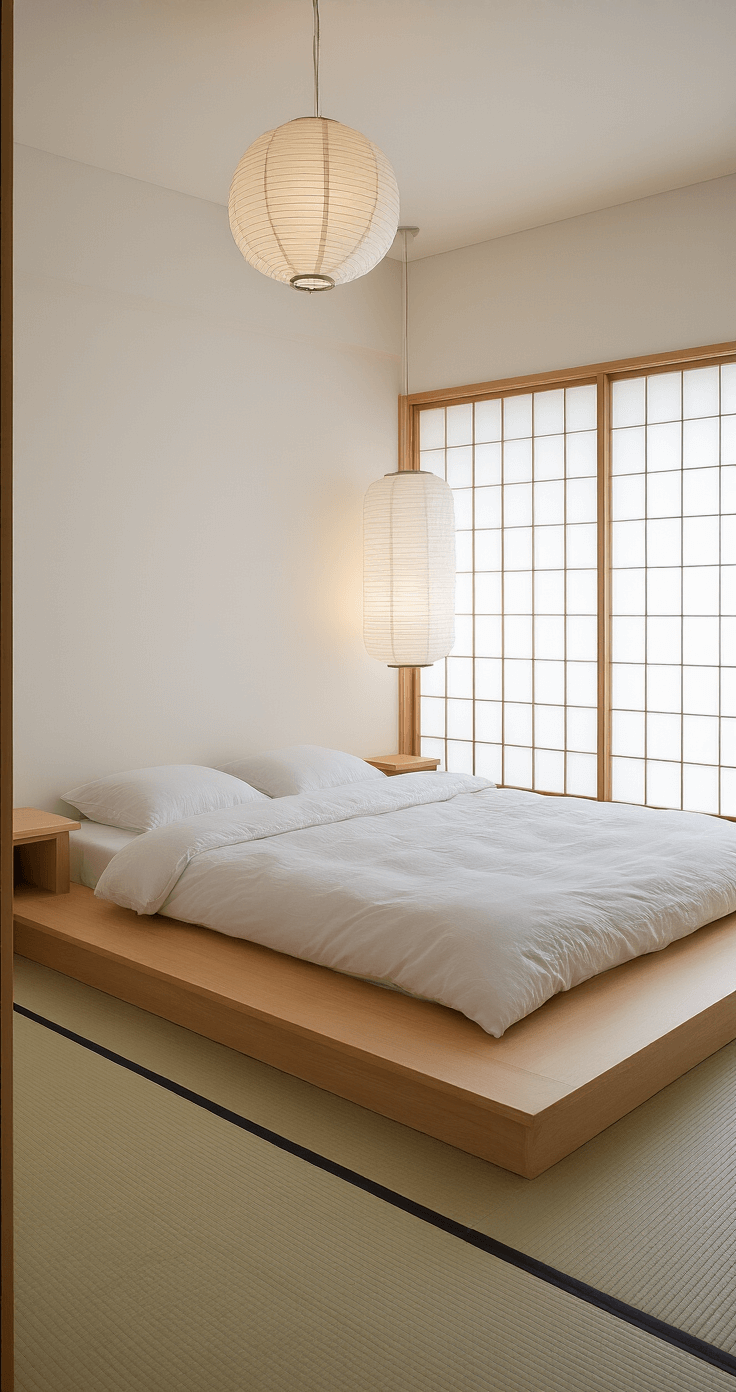 A serene Japanese minimalist bedroom featuring a low platform bed with built-in side tables, a Shoji screen wardrobe, and paper lantern pendants casting soft light. The tatami-style flooring complements the white walls, while the elevated perspective highlights negative space and circulation paths, all illuminated by natural morning light.
