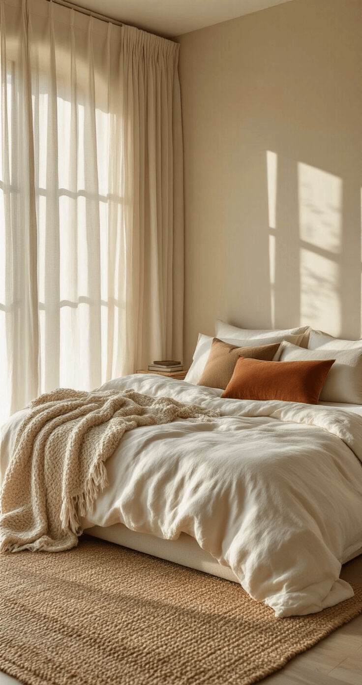 Transform Your Bedroom: 7 High-Impact Refresh Ideas Without Renovating A sunlit bedroom featuring a low-profile platform bed draped in crisp white linen bedding and chunky knit throws in oatmeal and sage. Floor-length natural linen curtains filter warm golden light, casting ethereal shadows. A handwoven jute rug and muted terracotta velvet pillows enhance the serene, tactile luxury of the space.