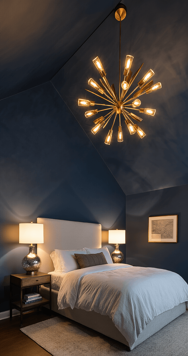 Transform Your Bedroom: 7 High-Impact Refresh Ideas Without Renovating A modern bedroom with vaulted ceilings, featuring a dramatic brass sputnik chandelier and warm-toned wall sconces, captured from a low corner angle, highlighting rich navy walls and intimate lighting.