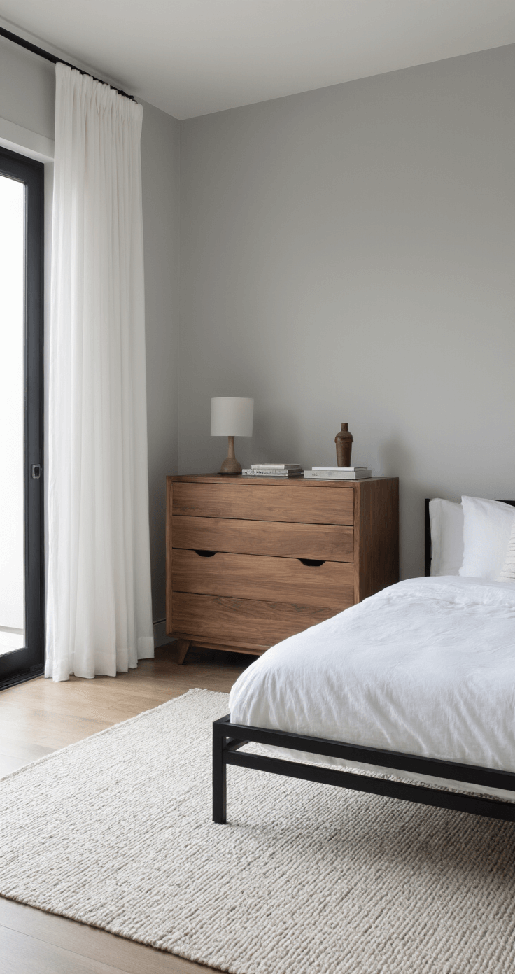 Transform Your Bedroom: 7 High-Impact Refresh Ideas Without Renovating A serene primary bedroom featuring walnut furniture and white bedding, illuminated by morning light through sheer curtains. The room showcases a black metal bed frame, cool grey walls, and a clean, organized aesthetic.