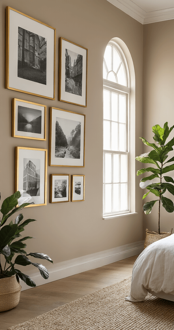 Transform Your Bedroom: 7 High-Impact Refresh Ideas Without Renovating A warmly lit 16x16ft bedroom featuring a curated gallery wall of black and white photographs in gold frames, a large arched mirror reflecting window light, and a potted fiddle leaf fig, all set against greige walls.