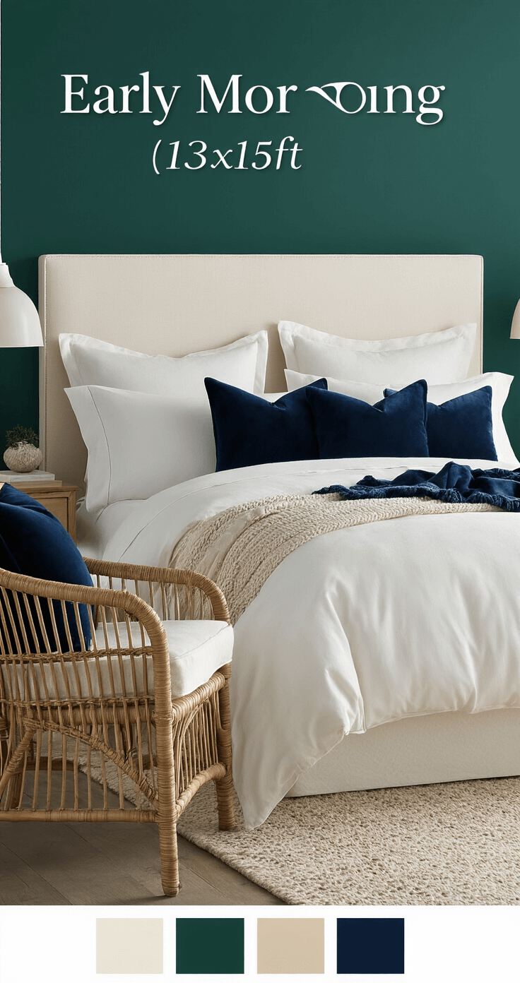 Transform Your Bedroom: 7 High-Impact Refresh Ideas Without Renovating Early morning bedroom featuring a deep emerald accent wall, layered white and cream bedding with navy velvet pillows, a rattan accent chair, and natural light illuminating the space.