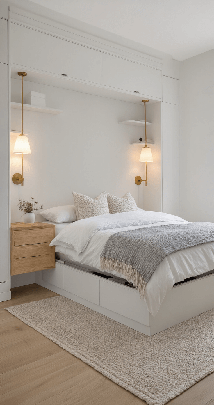 Transform Your Bedroom: 7 High-Impact Refresh Ideas Without Renovating A compact 10x12ft bedroom featuring a platform bed with integrated storage, wall-mounted sconces beside floating nightstands, and vertical shelving to enhance the sense of space. The design showcases a warm color palette of whites, pale oak, and soft grey, captured with even lighting from a corner perspective to emphasize room flow and elegance.