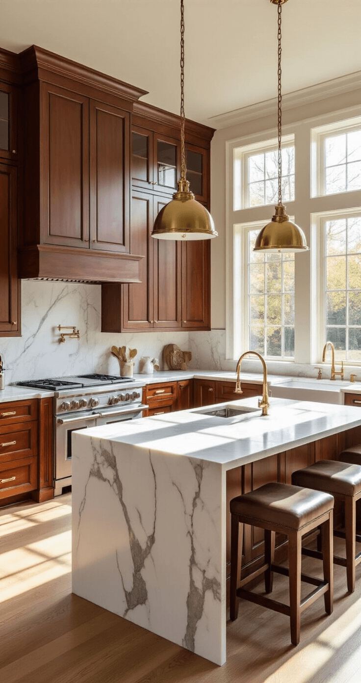 A luxurious kitchen featuring rich cherry wood cabinets, white Carrara marble countertops, and a central island with waterfall edges, illuminated by warm afternoon light streaming through large windows, with stainless steel appliances and brass pendant lights, captured from a corner angle to showcase depth and height.
