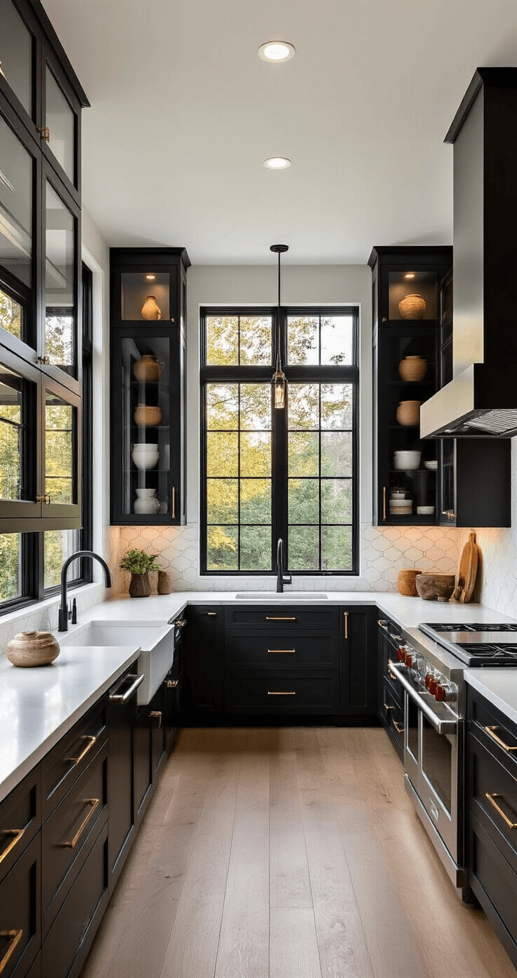A modern kitchen featuring matte black walnut cabinets and white quartz countertops, illuminated by golden hour light. Floor-to-ceiling windows provide ample natural light, highlighting glass-front upper cabinets filled with pottery and a geometric backsplash. The wide-angle shot from the doorway captures the luxurious and sophisticated ambiance.