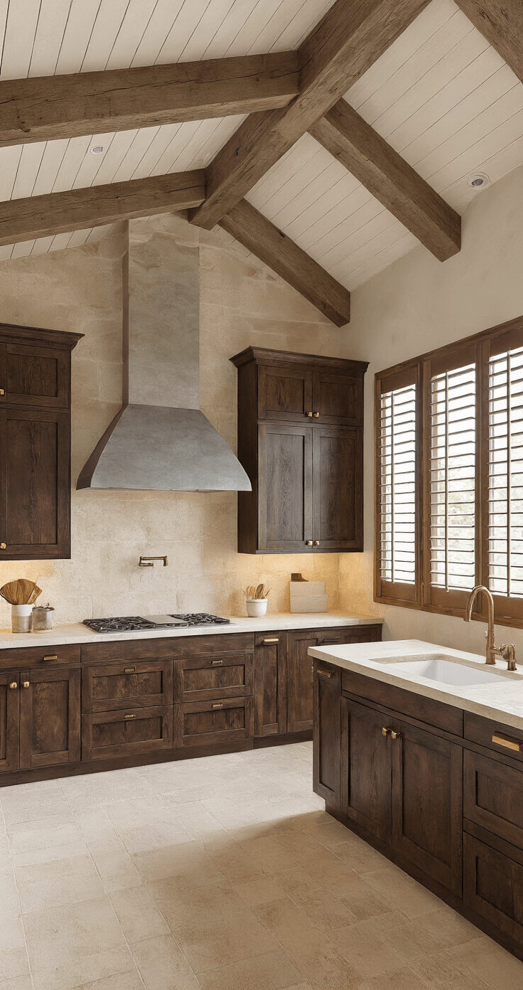 A rustic-modern kitchen featuring hickory cabinets in deep espresso, cream limestone counters, and weathered brass fixtures, illuminated by morning light filtering through plantation shutters, with exposed wooden beams and an L-shaped layout.