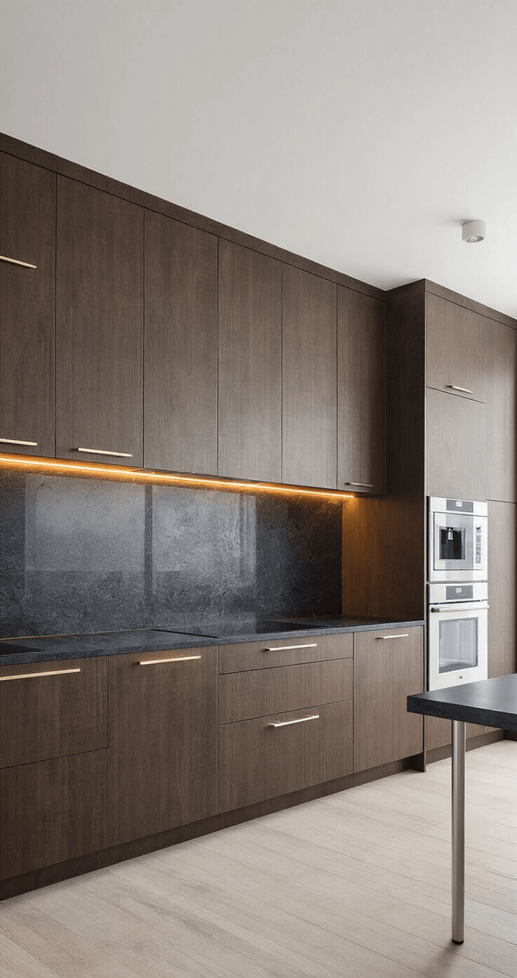 A minimalist kitchen featuring dark oak flat-panel cabinets, honed black granite counters, and a metallic glass backsplash, illuminated by LED under-cabinet lighting, set against a twilight blue hour ambiance. The image showcases a symmetrical composition with multiple light sources.