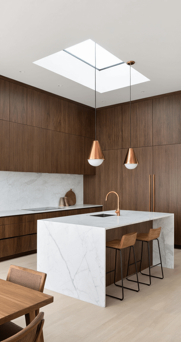 A contemporary open-plan kitchen featuring floor-to-ceiling walnut cabinets, a white marble island, and copper accents illuminated by mid-morning light from a skylight, captured from the dining area with a shallow depth of field emphasizing the cabinetry's texture.