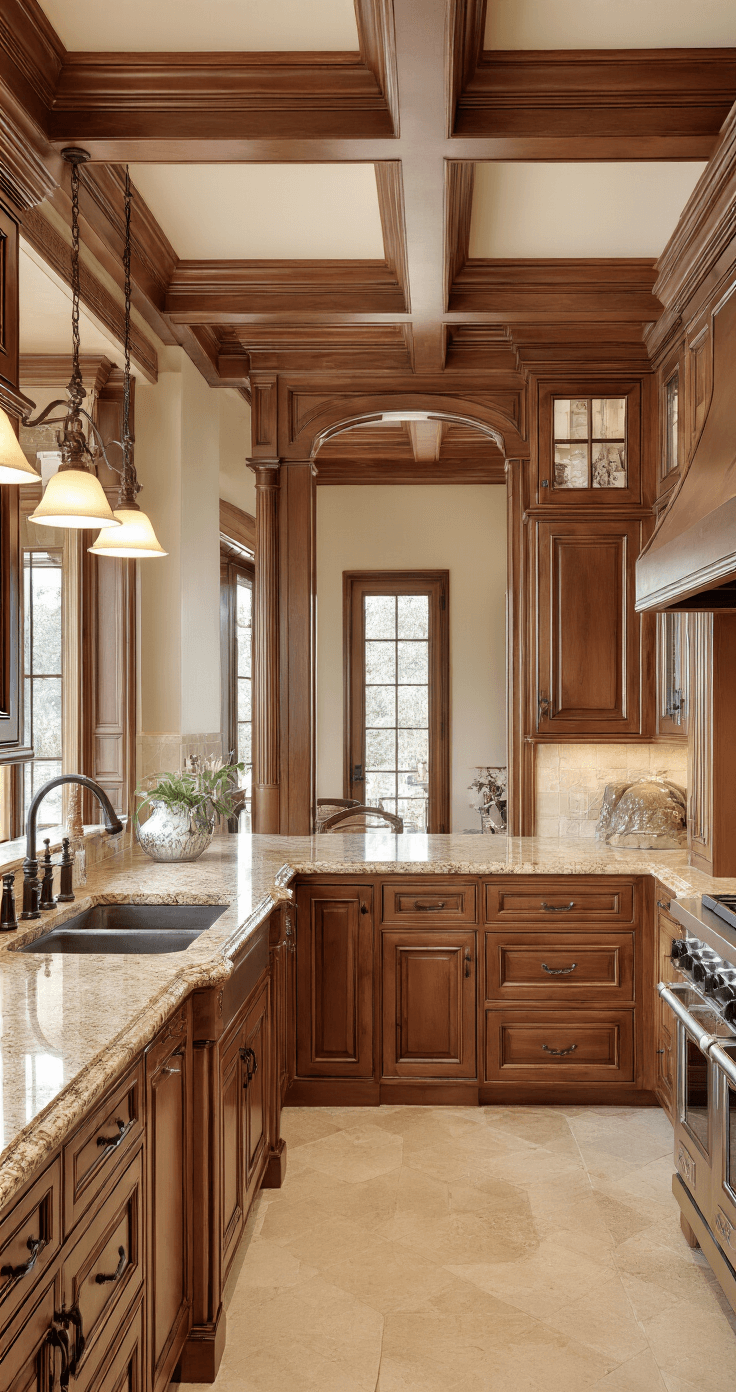 A traditional kitchen featuring cherry wood cabinets with crown molding and glass doors, cream granite counters with an ogee edge, and antique bronze hardware, illuminated by early morning light through French doors, showcasing architectural details and a warm, inviting atmosphere.