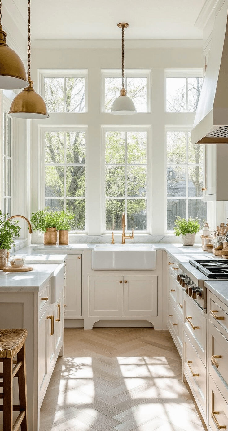 Bright and airy kitchen with off-white shaker cabinets, Carrara marble countertops, and chevron white oak floors, bathed in morning light from floor-to-ceiling windows, featuring a central island with waterfall edges and vintage-inspired pendant lights, styled with artisanal ceramics and fresh herbs in copper planters.