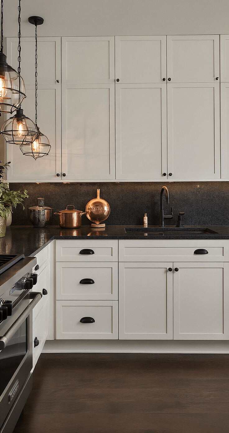 Moody evening kitchen with off-white flat-panel cabinets, matte black hardware, and absolute black granite countertops, featuring industrial-style pendant lights and a reflection of copper cookware, set against dark walnut floors.