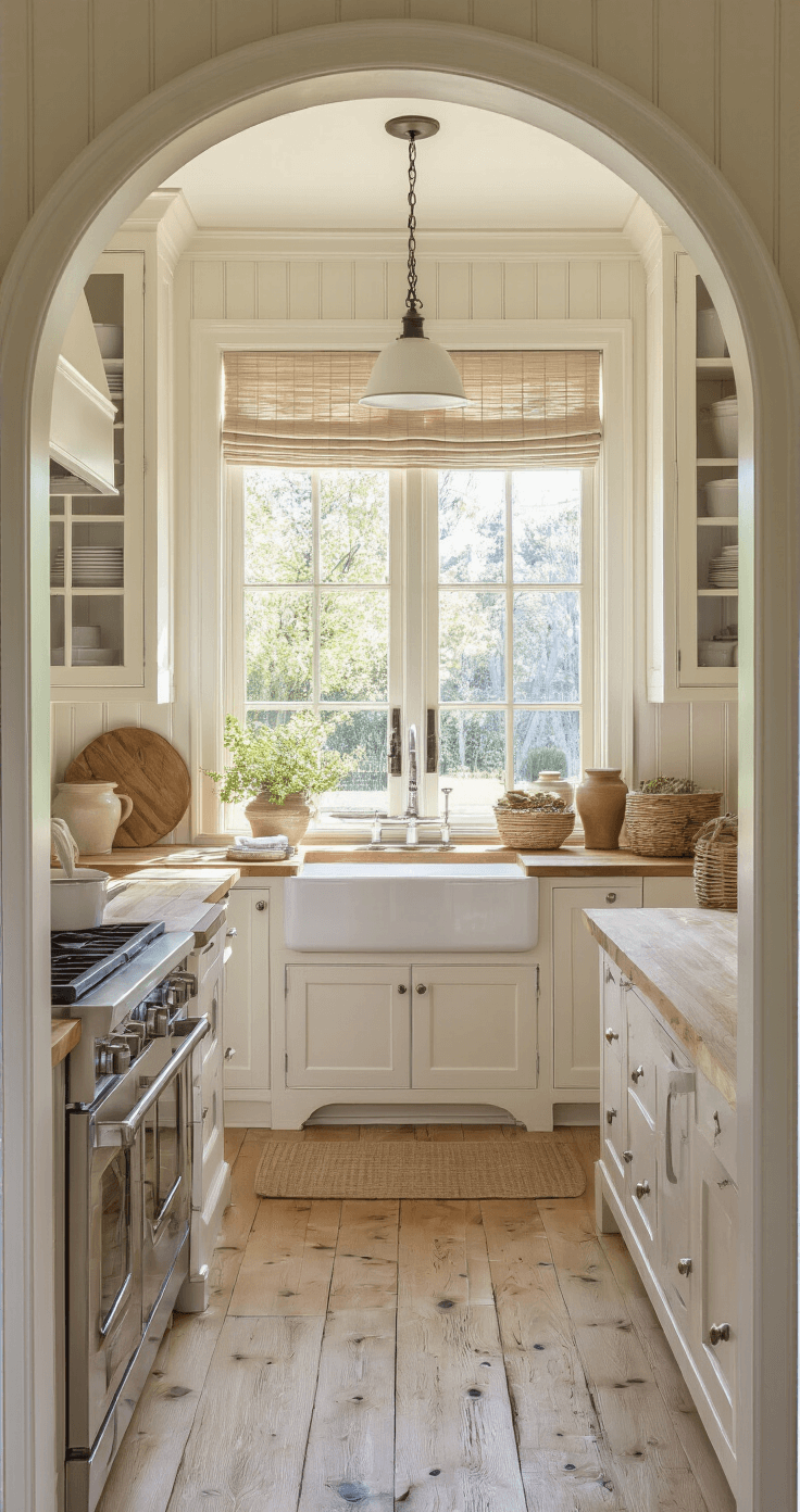 Open-concept kitchen with off-white beadboard cabinets, butcher block island, quartz countertops, and farmhouse sink; features vintage accessories, woven baskets, and natural linen roman shades, all captured from the entrance archway.