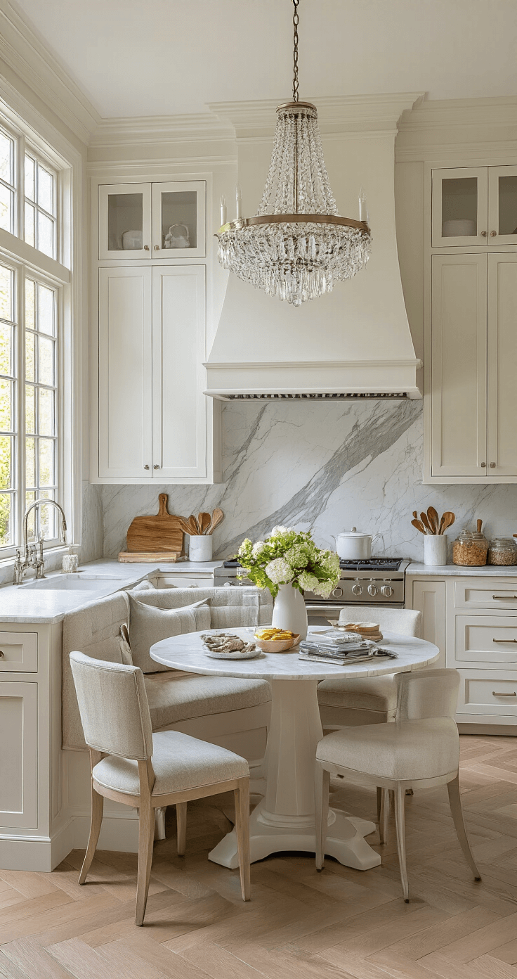 Sophisticated kitchen with off-white inset cabinets and polished nickel handles, featuring a dramatic book-matched marble backsplash and a crystal chandelier over a circular breakfast nook, captured in golden hour light with white oak herringbone floors and elegant decor details.