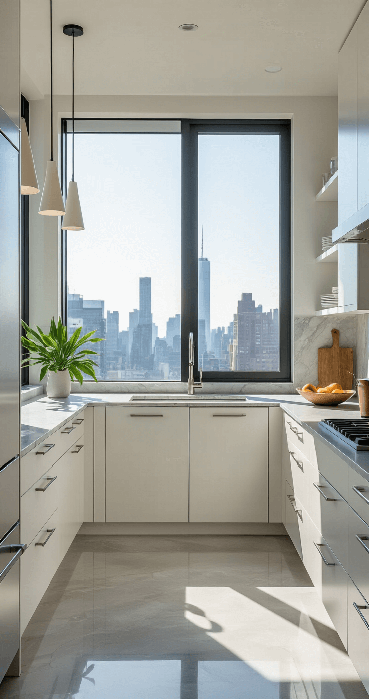 A modern kitchen featuring off-white slab-front cabinets with integrated pulls, waterfall quartzite countertops in cool grey tones, floor-to-ceiling windows with city views, and minimalist decor. Linear pendant lights hang above large-format porcelain floor tiles that reflect light, emphasizing the sleek design and clean lines.
