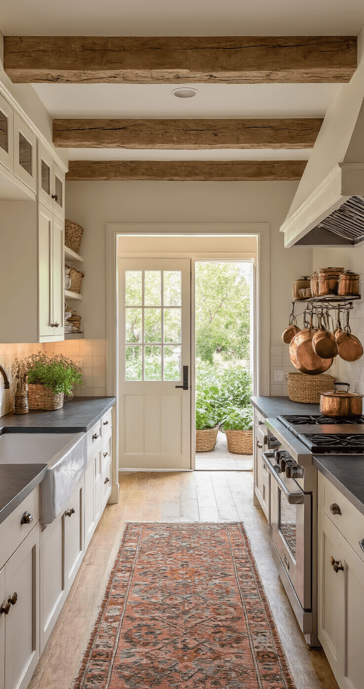 Cozy kitchen featuring off-white raised-panel cabinets with bronze hardware, soapstone countertops, and exposed wooden beams, illuminated by warm lighting during blue hour. A Dutch door leads to an herb garden, vintage rugs add color, and copper pots shine from a pot rack, creating an intimate cooking space with natural textures.