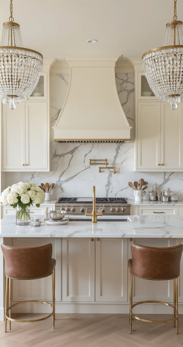 Luxe chef's kitchen with off-white custom cabinets, mixed metal accents, book-matched Calacatta marble backsplash, professional-grade stainless steel appliances, oversized island with leather barstools, and dramatic golden hour lighting, adorned with fresh flowers, vintage silver, and curated accessories.