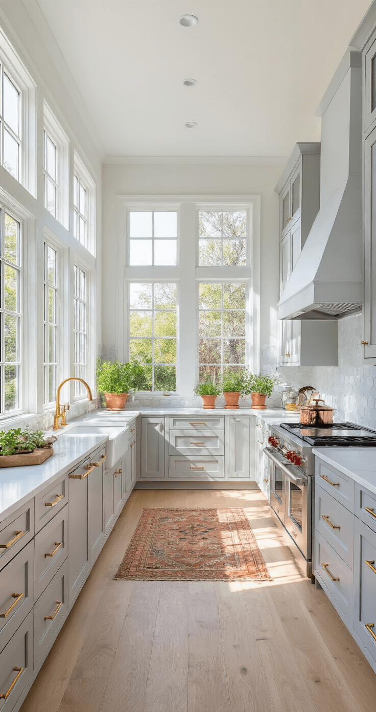 A contemporary kitchen featuring light grey shaker cabinets, white quartz countertops, and a large island with waterfall edges, illuminated by natural morning light through floor-to-ceiling windows. The space includes a marble hexagon backsplash, copper cookware, fresh herbs in terracotta pots, and a vintage rug on white oak floors, captured from a low angle to emphasize depth and leading lines.