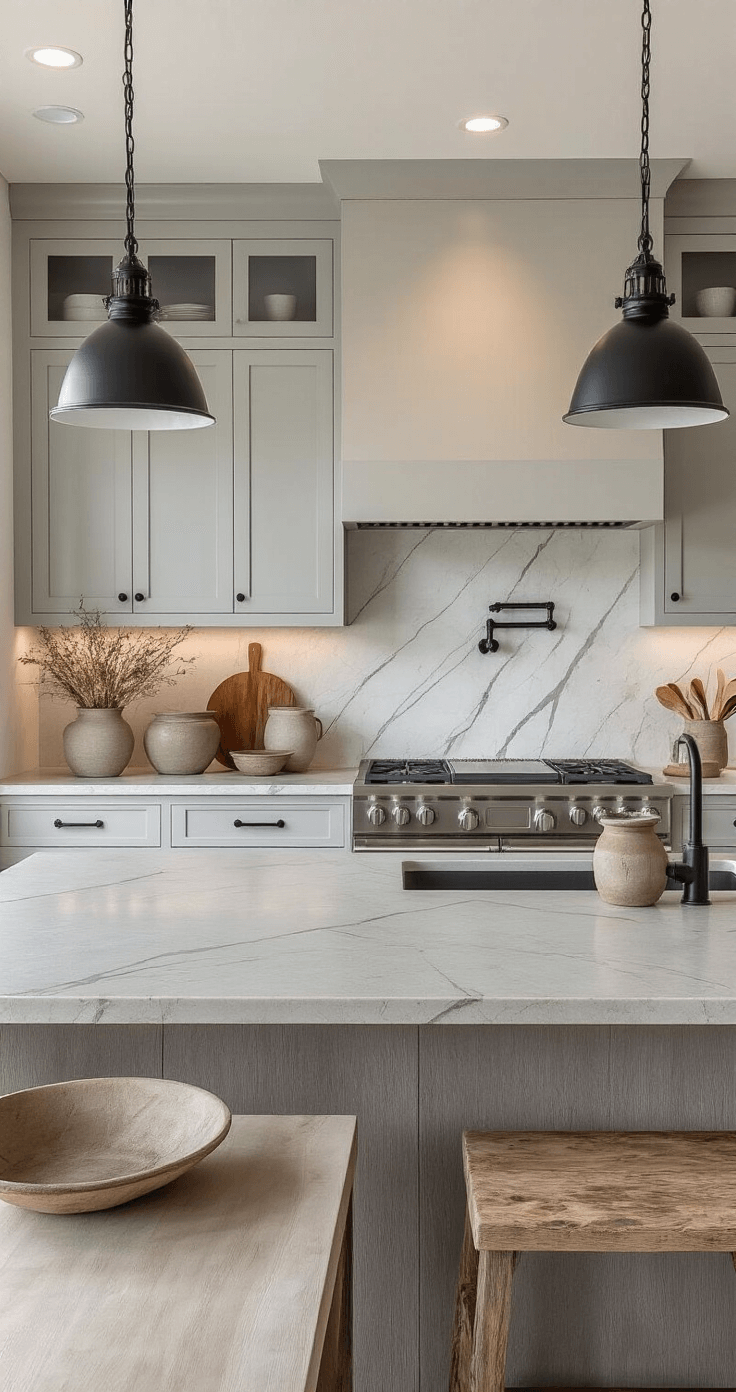 Moody kitchen scene featuring light grey flat-panel cabinets, a dramatic marble backsplash, industrial pendant lights, and a mix of artisanal ceramics, cutting boards, and dried botanicals.