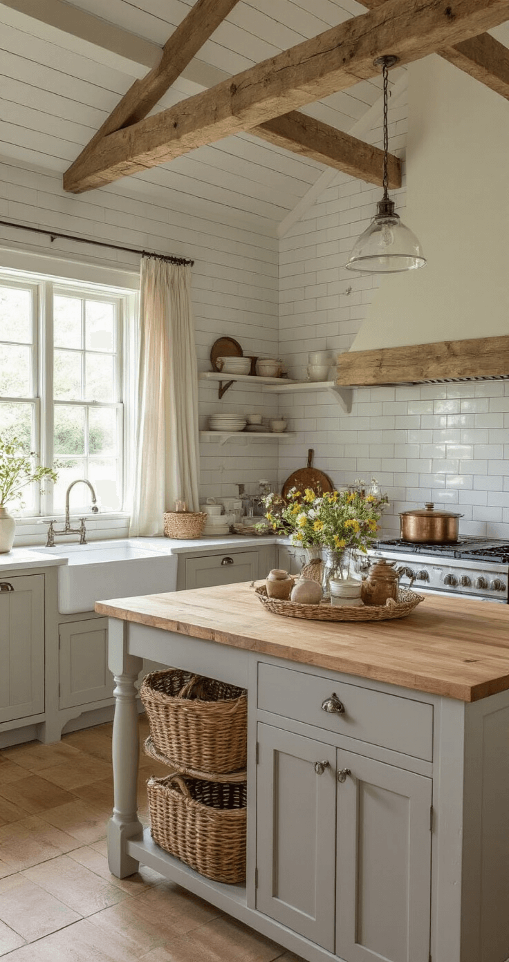 A sun-drenched farmhouse kitchen with light grey beadboard cabinets, a butcher block island, and white subway tile walls. Exposed wooden beams span the cathedral ceiling. The scene includes antique copper pots, woven baskets, and fresh wildflowers in mason jars, with natural linen curtains softly diffusing the afternoon light.