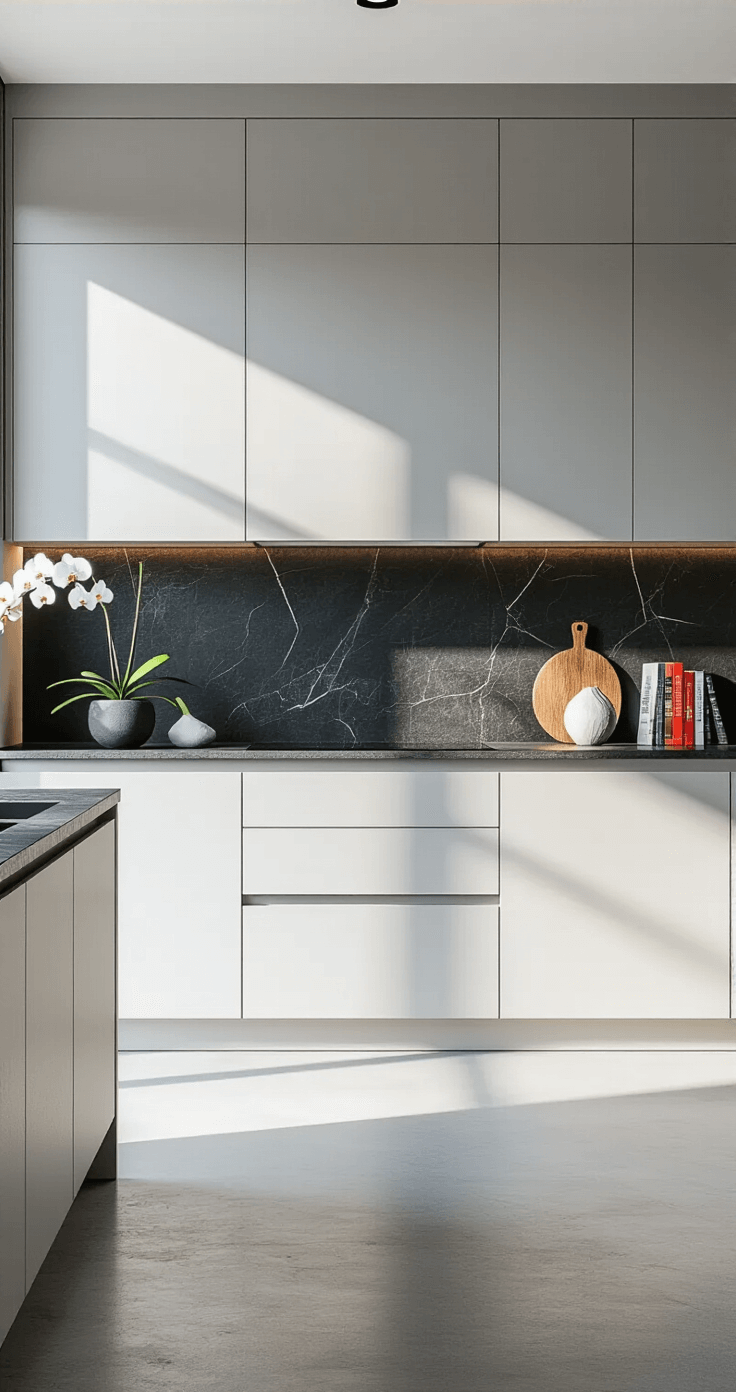 Modern minimalist kitchen featuring light grey handleless cabinets, integrated appliances, a black stone backsplash, and polished concrete floors, illuminated by morning light with dramatic shadows and minimal decor.
