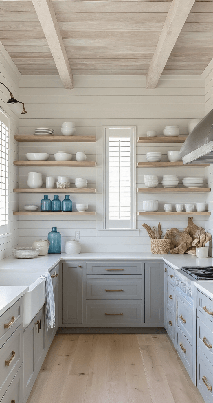 Modern coastal kitchen with two-tone grey cabinets, floating shelves of white ceramics, and whitewashed shiplap ceiling, bathed in golden hour light. Decorated with blue glass vases and driftwood, featuring pale oak flooring.