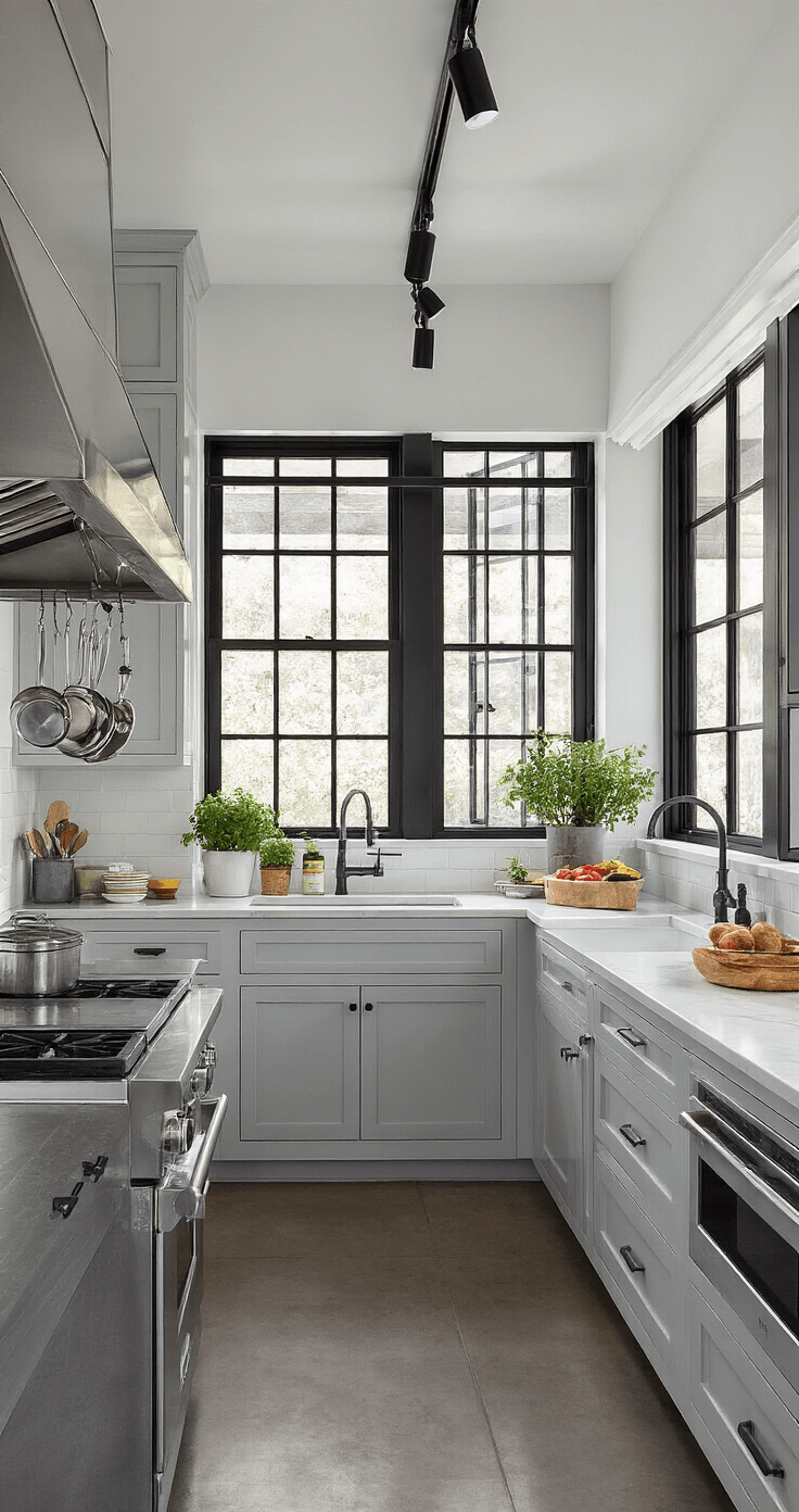 A modern 16x20ft kitchen featuring light grey lacquered cabinets, stainless steel appliances, and black metal-framed windows, showcasing an organized layout with professional cookware, potted herbs, and pantry displays through glass doors, highlighted by overhead track lighting.