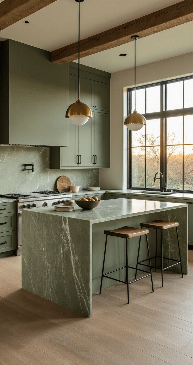 A contemporary kitchen featuring sage green cabinets, a dramatic waterfall marble island, minimalist brass pendant lights, and industrial-style windows, all captured during golden hour.