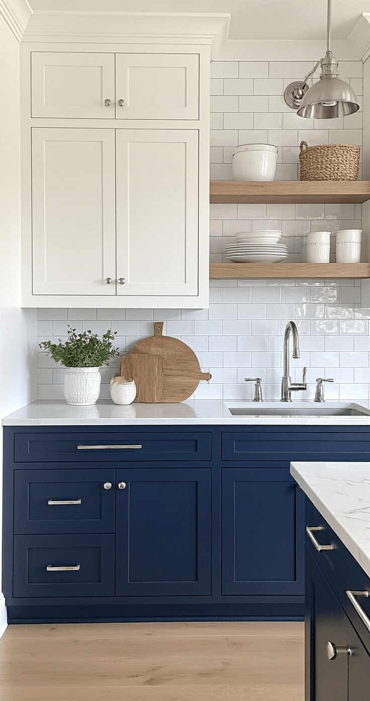 A coastal-inspired kitchen featuring navy blue lower cabinets and white upper cabinets, with a subway tile backsplash and nickel hardware. Natural light highlights the chrome faucet, white oak open shelving, and engineered marble countertops, captured from a diagonal angle to emphasize depth and elegance.
