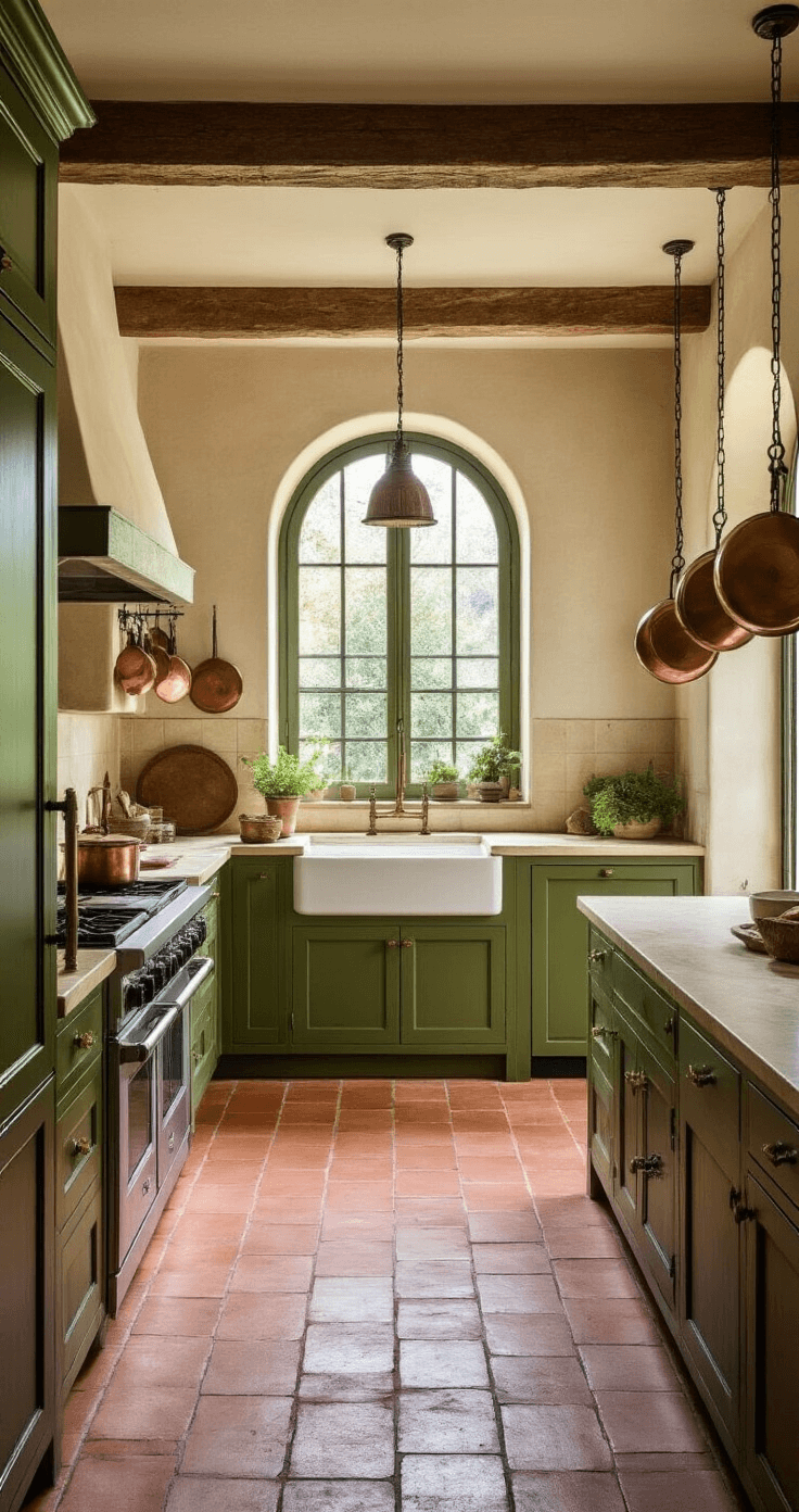 A rustic Mediterranean kitchen featuring olive green cabinets with antique brass handles, cream limestone countertops, terracotta floor tiles, and copper pots hanging from a ceiling rack, illuminated by afternoon light filtering through arched windows, with wrought iron pendant lights adding elegance.