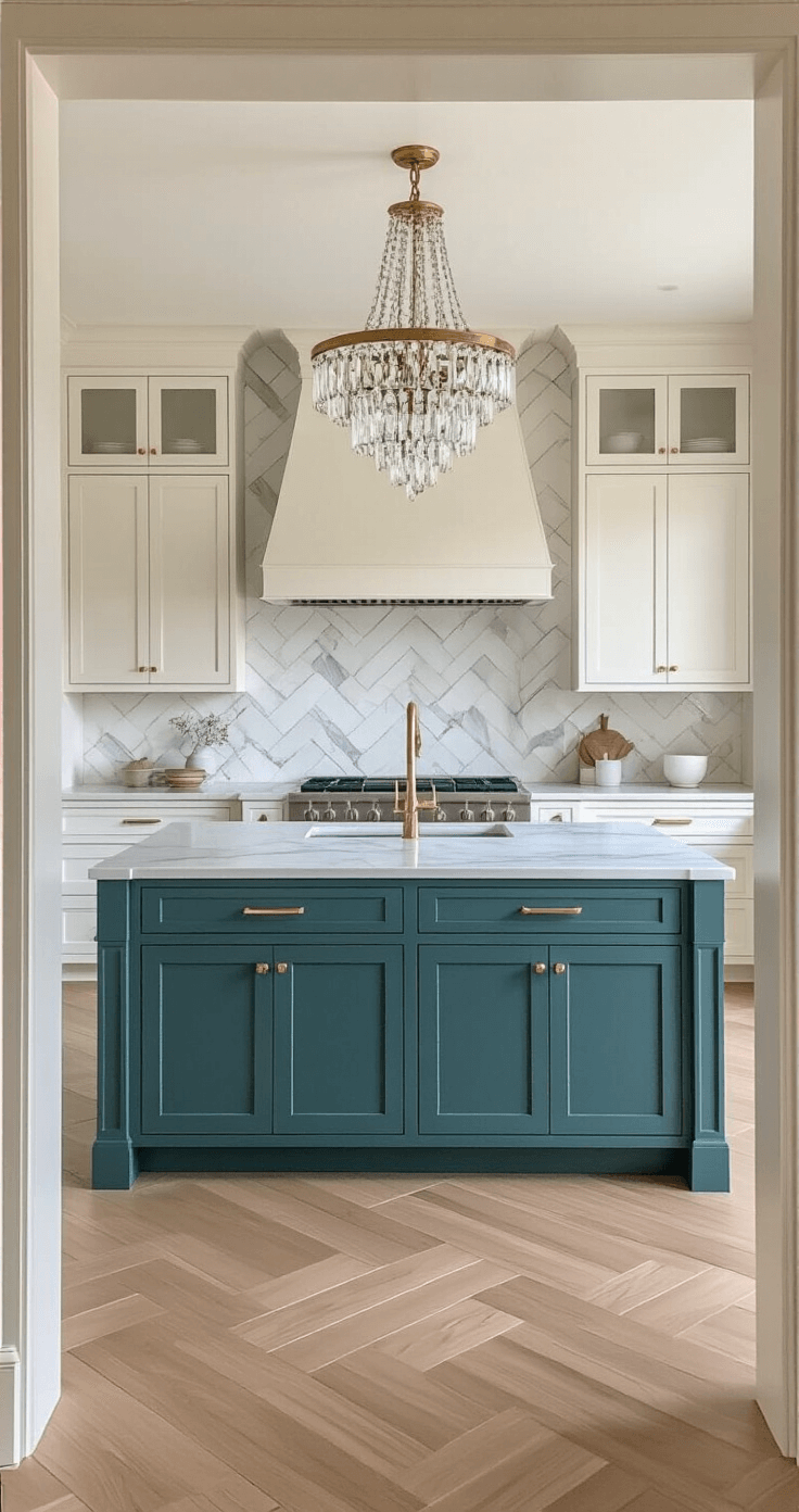 Transitional kitchen featuring a 14'x16' layout, showcasing two-tone Aegean teal island and warm white perimeter cabinets, marble-look quartz countertops, herringbone backsplash, and a crystal chandelier above the island. The scene is illuminated by soft afternoon light, with brushed gold hardware adding a touch of refined casual elegance. Shot from the entrance, the full room depth is captured.