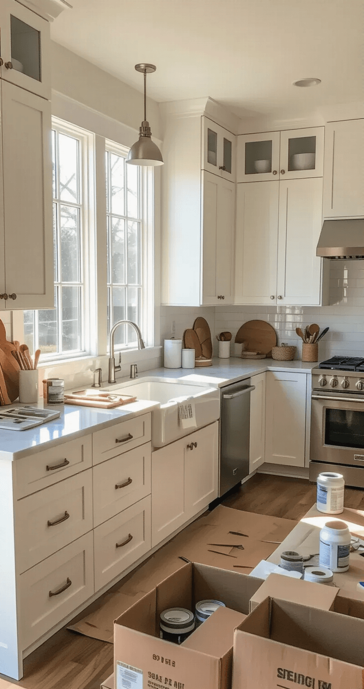 A wide-angle shot of a bright, modern kitchen during mid-morning golden hour, featuring pure white cabinets and gray quartz countertops. The image captures meticulous prep work with cabinet doors removed, organized hardware on kraft paper, and drop cloths laid out. Natural sunlight streams through a large window, complemented by soft fill lighting, while stainless steel appliances shine. Opened painting supplies are arranged deliberately yet naturally, showcasing a professional photography setup from a corner position at chest height with a f/5.6 aperture.