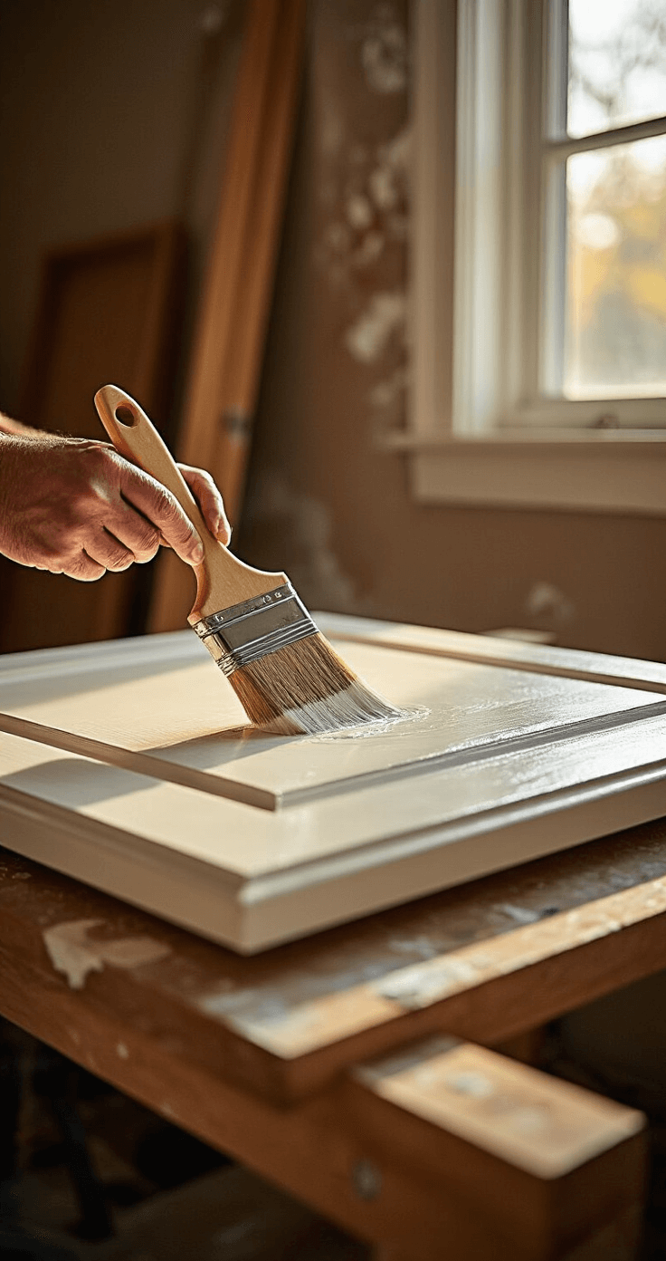 Close-up of hands expertly applying Sherwin-Williams Emerald Urethane in Alabaster White on a cabinet door, showing brush bristle detail and wood grain texture in warm afternoon light.