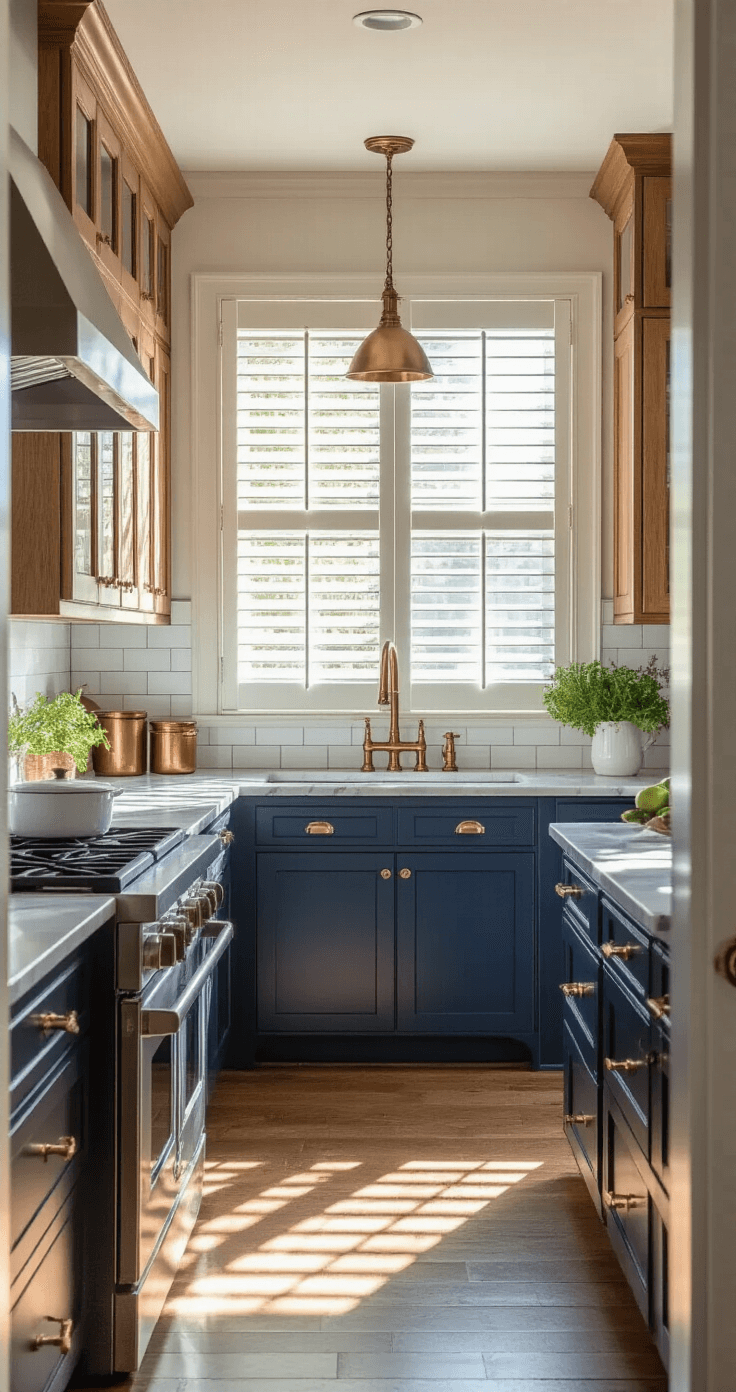 Dramatic before/after split shot of a transitional kitchen showcasing freshly painted Naval Blue lower cabinets contrasting original oak upper cabinets, with afternoon sunlight casting shadows through plantation shutters. The scene features marble counters, brass hardware, and a white subway tile backsplash, captured from the doorway at eye level using a wide-angle lens. Minimal countertop accessories, including copper canisters, white ceramics, and fresh herbs, enhance the moody, inspirational atmosphere of the transformation.