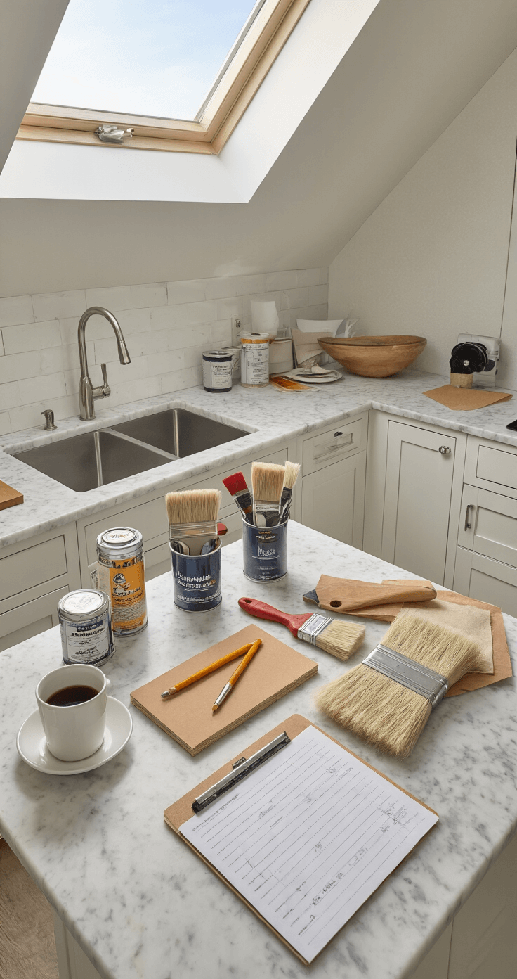 Bright morning scene of an organized workspace with professional-grade painting supplies arranged on a marble island, illuminated by diffused natural light from a skylight. The setup includes primers, sandpaper, tack cloths, premium brushes, a carpenter's pencil, a notepad with measurements, and a coffee cup, all against a clean white cabinetry backdrop. The image is captured from a 45° angle, maintaining sharp focus throughout.