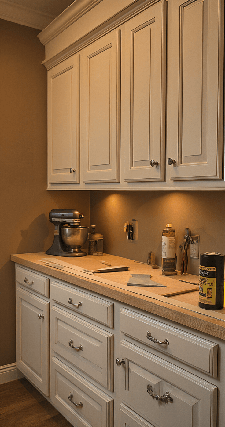 Close-up of a kitchen cabinet with masking tape in place, showcasing a perfectly applied first coat of high-bond primer under warm LED lighting, highlighting the smooth surface texture and dramatic shadows.