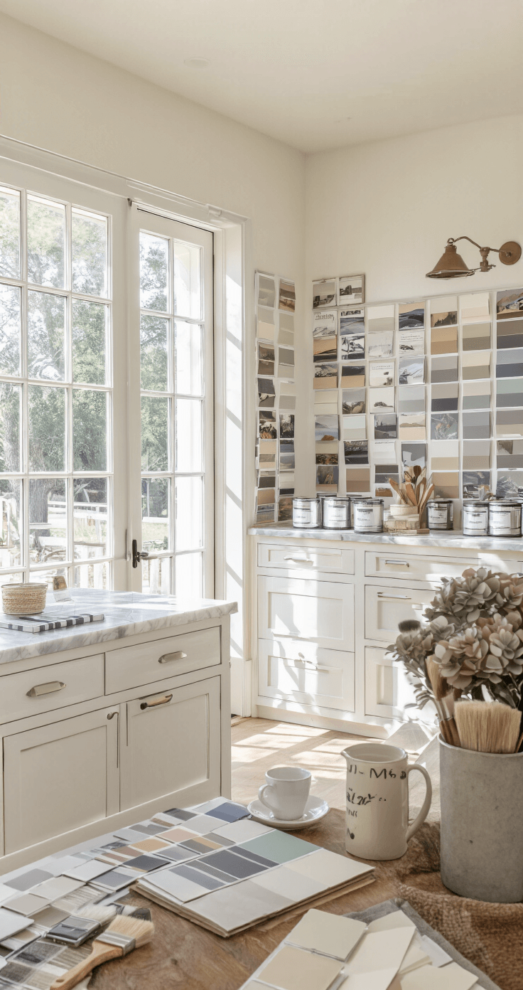 A sunlit modern farmhouse kitchen featuring an open concept design with paint swatches displayed on cabinet doors. Morning light illuminates the space through French doors, highlighting white oak floors and marble counters. Professional color cards, sample pots, a designer's notebook, paint brushes, and a coffee cup are arranged in the foreground for scale, captured from a corner angle.
