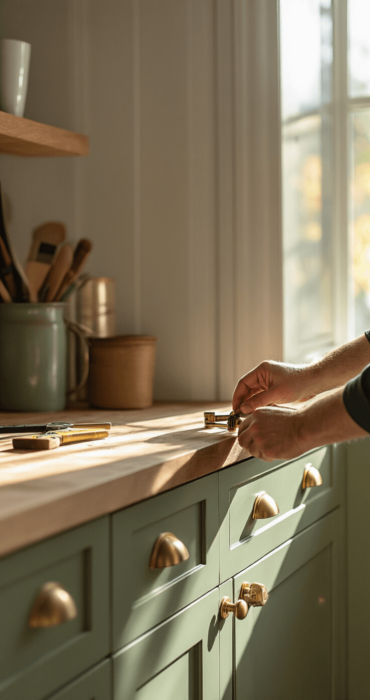 Close-up of hands installing brushed brass handles on sage green cabinets, with a rich wooden island in the background, dramatic side lighting creating shadows, and organized tools and hardware in a professional yet artisanal setting.