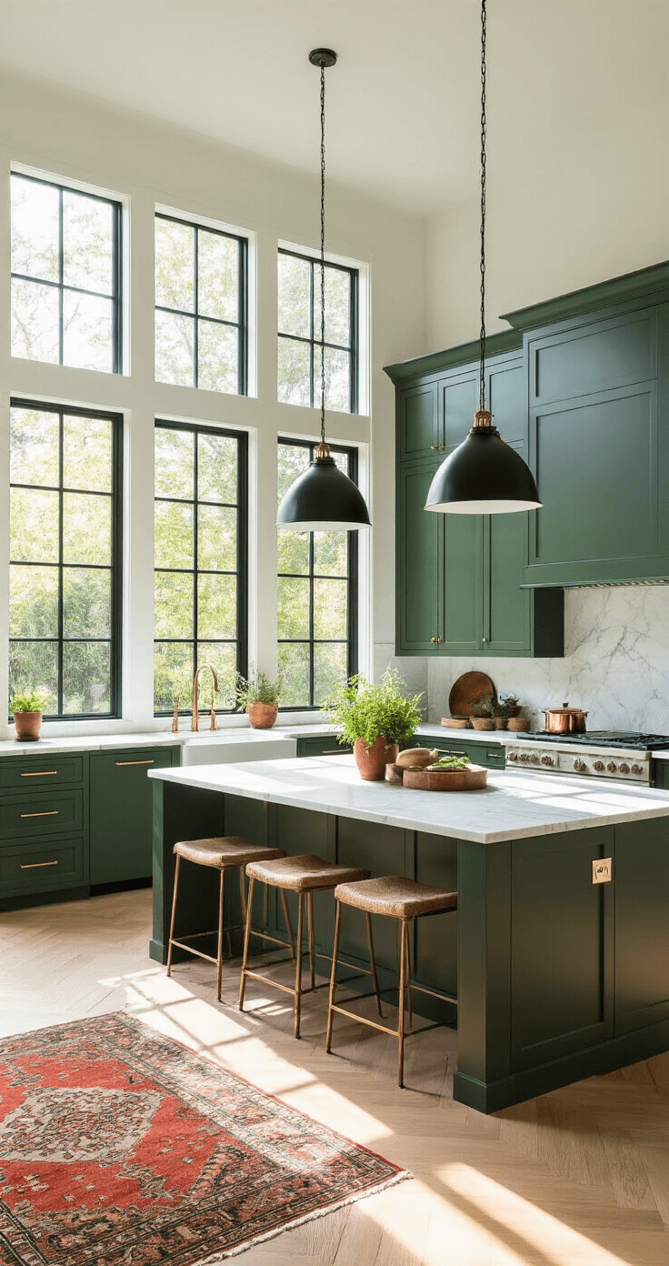 A modern kitchen with forest green cabinets and brass hardware, featuring a white Carrara marble waterfall island. Morning light streams through floor-to-ceiling windows, creating geometric shadows on herringbone white oak floors. The space is styled with copper cookware, fresh herbs in terra cotta pots, and a vintage Persian runner in muted reds and blues.