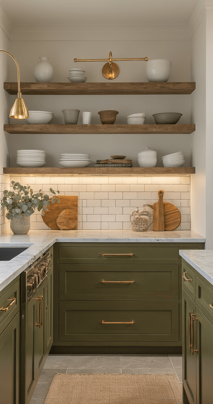 Intimate galley kitchen featuring deep olive lower cabinets and white upper shelving, illuminated by warm golden hour light. Aged copper handles accent quartzite countertops with grey veining, while vintage brass sconces provide ambient lighting. The space is styled with artisanal ceramics, dried eucalyptus, and weathered cutting boards against a subway tile backsplash.