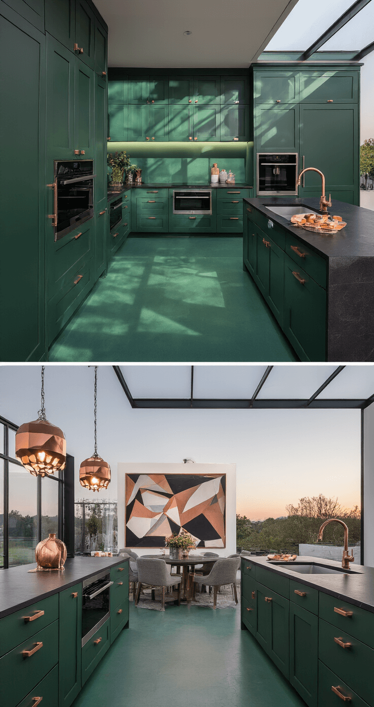 A contemporary open-concept kitchen featuring dramatic emerald green cabinetry, black soapstone counters, and an overhead skylight. The design includes geometric pendant lights, abstract art, and rose gold pulls, captured from an adjacent dining area at dusk, highlighting its elegant and modern aesthetic.