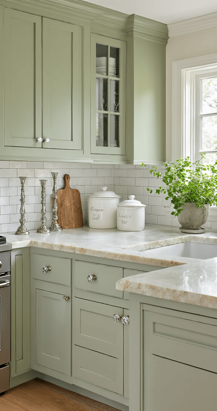Cozy traditional kitchen featuring sage green shaker cabinets, cream marble countertops, and a white subway tile backsplash, illuminated by soft morning light filtering through French doors, with antique silver candlesticks and potted English ivy enhancing the classic decor.